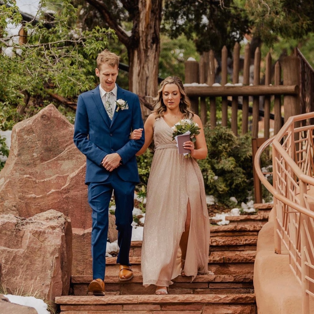 Helen tank sparkle gown with slit in champagne